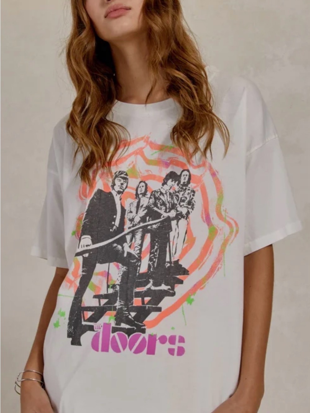 Daydreamer White Graphic Tee with Neon Pink, Orange & Green Band